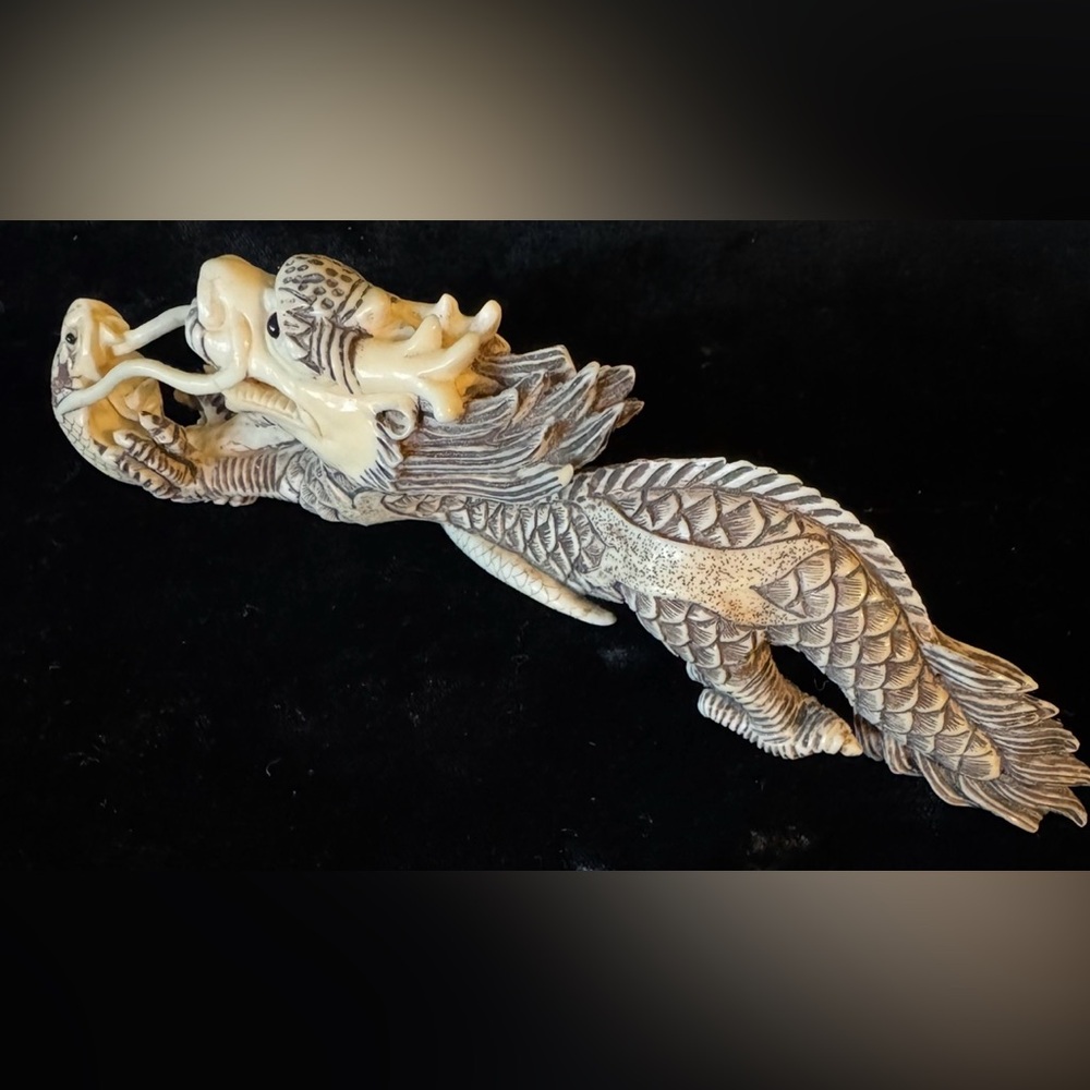 Intricately Carved Bone/Faux Ivory Signed Dragon and Snake Sculpture AS-IS